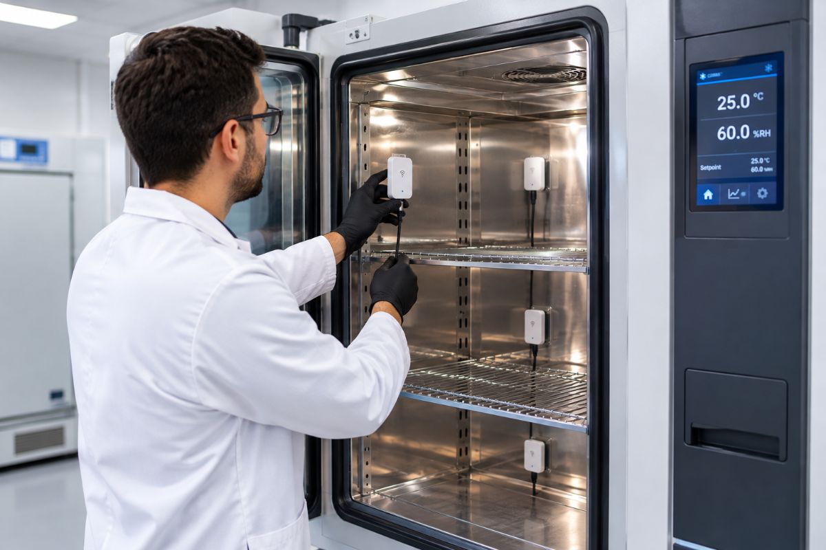Técnico de jaleco posicionando um sensor de temperatura dentro de uma câmara climática