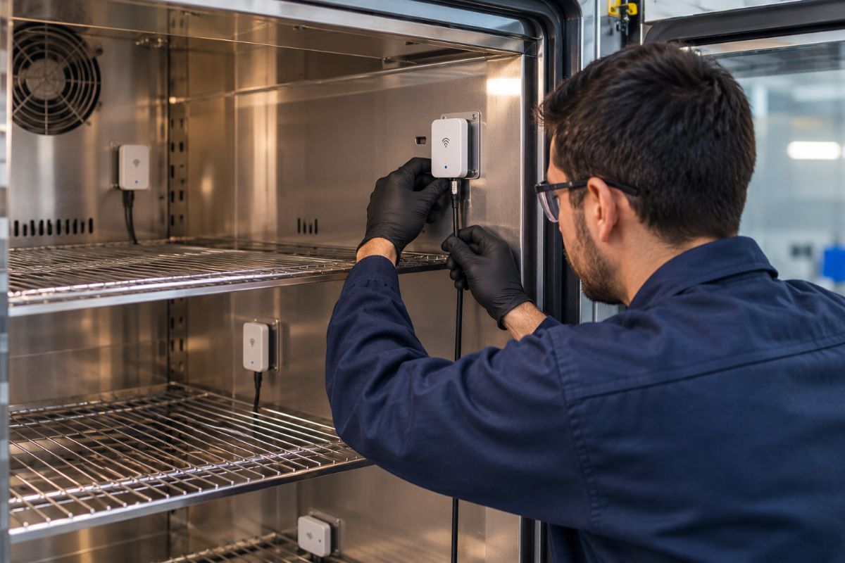 Técnico posicionando sensores de temperatura no interior de uma câmara térmica